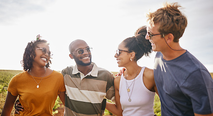 Image showing Comic, happy and friends on a safari holiday together in nature of Kenya during summer. Relax, young and funny group of people on a vacation in the countryside or desert for adventure and freedom