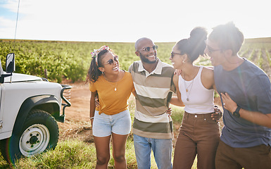 Image showing Diversity, friends happy and on road trip, vacation and talk while smile, relax and laugh casual outdoor. Travelling, social group and students enjoy countryside holiday, break or travelling together