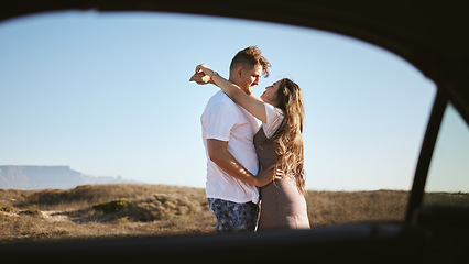 Image showing Love, couple and hug on a holiday, travel and being happy, relax and on road trip outdoor celebrate romance. Romantic, man and woman on vacation, trip and getaway being loving and hold each other.