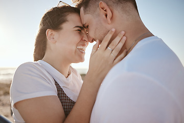 Image showing Happy couple, travel and laughing love for vacation, embracing relationship together in the outdoors. Man and woman with smile in real loving, caring and bonding for traveling or holiday in nature