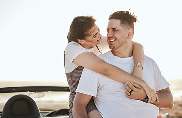 Image showing Couple, love and road trip travel of real people with a hug and smile in the sun and nature outdoor. Happy girlfriend and boyfriend with quality time and sunshine happiness on a relax break together