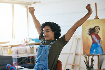 Image showing Creative woman, stretching or relax after success target goals, art idea or design planning in home studio, workshop or gallery. Smile, happy or Indian painting artist ready to paint with inspiration