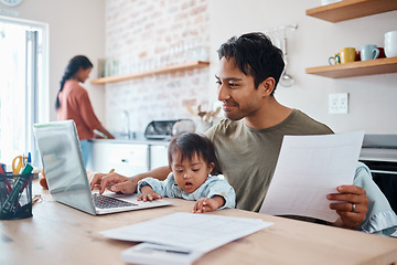 Image showing Man, baby or laptop finance in house or home kitchen and insurance paper, investment documents or fintech accounting software. Happy smile, asian father and down syndrome boy, son and child with tech