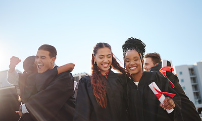 Image showing Graduation, diploma celebration and student graduate group and friends together with proud success. Students at a university certificate achievement, college and education scholarship event