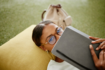 Image showing Brazilian woman, notebook or education study on university college, school campus or relax grass turf. Portrait, vision glasses or student and learning goals, exam schedule or research library books