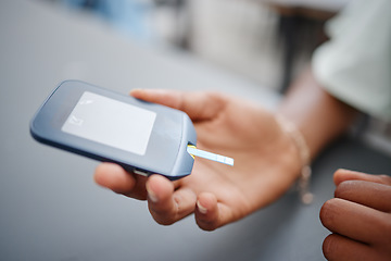 Image showing Hands, diabetes test strip or glucometer for sick woman, patient or diabetic student and medical healthcare insurance. Zoom, blood glucose monitor or sugar level check on insulin management equipment