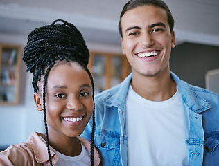 Image showing Friends, diversity and happy students take a selfie in college or university campus on a weekend. Portrait of black woman or gen z girl and young Latino man enjoying school scholarship education