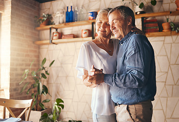 Image showing Dance, old couple and love holding hands dancing to music at home in memory of a happy marriage, romance and anniversary. Senior woman enjoy quality time, bonding and romantic retirement with partner