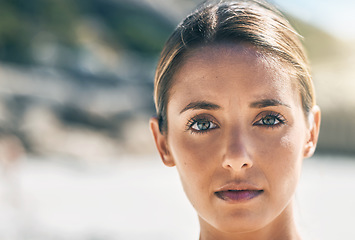 Image showing Portrait of woman with serious face at the beach, thinking and determined. Inspiration, motivation and vision of girl with thoughtful expression in nature. Mockup for wellness, mindful and freedom