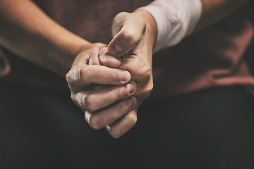 Image showing Hands, anxiety and nervous woman and mental health, stress or repetition behavior disorder in home, house and suicide psychology asylum. Zoom, depression patient and fear in counseling rehabilitation