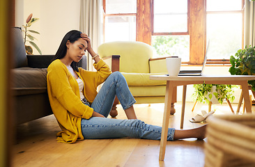 Image showing Stress, depression or burnout woman with laptop on living room floor for home finance, studying or house rent debt. Sad, anxiety and burnout student with mental health problem for online fail mistake