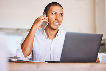 Image showing Smile, communication and businessman networking on a phone call talking about a development growth strategy. Happy manager, entrepreneur or employer speaking about our vision, mission and company