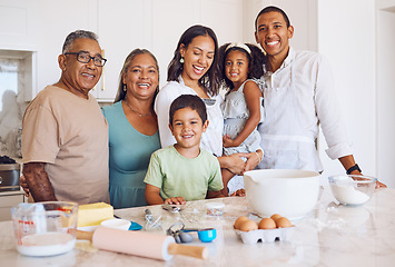 Image showing Grandparents, kids and happy family baking in the house with children or siblings learning to bake cakes or cookies. Senior woman, old man and mom with father teaching a boy and a girl cooking skills