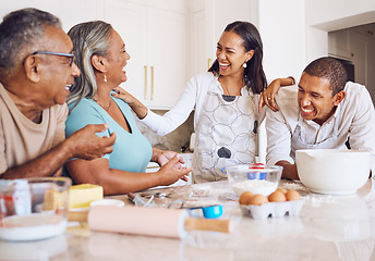 Image showing Black family, happy and kitchen, baking with elderly in Houston home bonding. Family, smile and elderly with cooking in comic, funny and time together for food, sweets and dessert to bake cookies