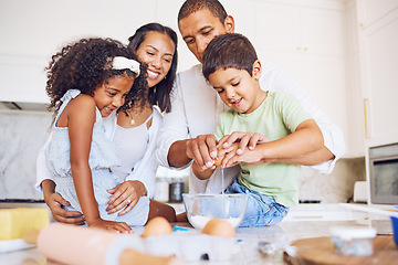 Image showing Black family, kitchen and happy with kids, baking and bonding in home. Family, smile and children cooking for happiness, bake and time together with egg, flour and parents help for cookies in house