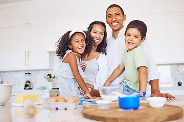 Image showing Baking, family bonding and happy in the kitchen for learning development and relationship growth. Black people spend quality time together, ingredients to bake and smile while cooking at home.