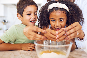 Image showing Mom hands, kids cooking and learning development or healthy eating habits in child and parent relationship bonding activity. Happy girl, boy and mother baking together building skills in kitchen