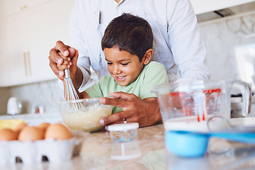 Image showing Baking, kid and father in kitchen learning to make cake, cookies or biscuits in home. Support, care and bonding with parent teaching boy how to cook, bake and cooking with eggs, wheat flour and milk