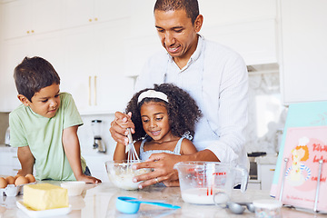 Image showing Family, children and baking with a girl and boy learning about cooking with their father in the kitchen of their home. Kids, food and love with a man teaching his son and daughter how to bake