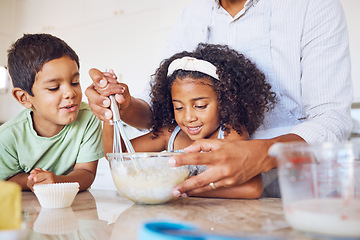 Image showing Happy family cooking, kitchen and mother with children learning to cook food or bake chocolate candy cupcake at home. Love, help and kids with baker mom have fun, bond or enjoy quality time together