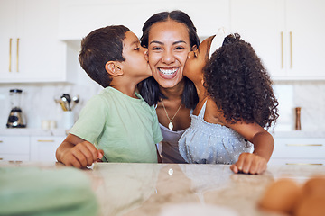 Image showing Family, kitchen and children kiss mom with love, happiness and bond while relax in Mexico home, house or apartment. Happy, smile and youth kids enjoy quality time together with mama on Mothers Day