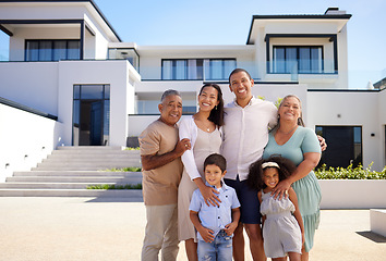 Image showing Children, moving and family with smile for their new home and happy on their property. Portrait of young man and woman, parents and kids with happiness after buying their own house with mockup space