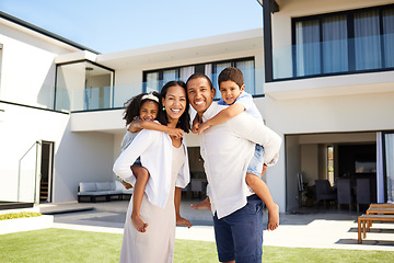 Image showing Family, happy and new home in summer at property, mortgage and mansion backyard. Parents, children and smile for piggyback on grass at luxury, real estate or house together for happiness in Atlanta