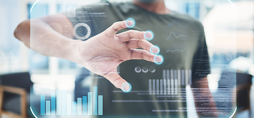 Image showing Financial chart, overlay and business hands for holographic, futuristic or information technology software database management. Hologram digital marketing analytics, seo infographics or finance graph