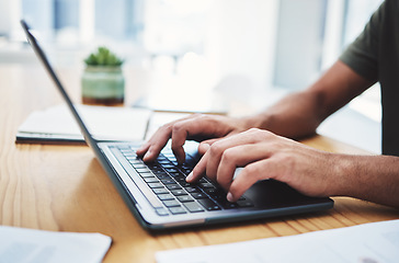 Image showing Search, typing and laptop with hands of man and working on communication, networking or internet research. Contact, email and 5g technology with employee at desk for social media, digital and website