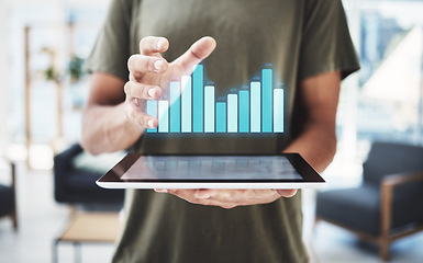 Image showing Hologram chart, tablet and businessman hands in futuristic 3d data analytics, digital marketing or software finance management. Future, information technology and holographic of company online profit