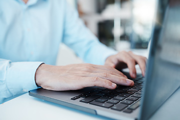 Image showing Businessman, hands and laptop typing in digital marketing startup, small business and advertising company. Zoom, developer and technology programmer in web design, code programming or office software