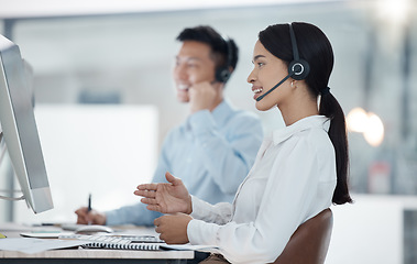 Image showing Business, call center employee and customer service consultant working support or telemarketing. Contact us, diversity in workplace and help client, young woman and man with headset at work desk.