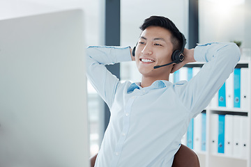 Image showing Call center, computer or relax man in success sales deal, customer support crm or consulting help in Vietnamese b2b office. Happy smile, telemarketing or contact us technology receptionist stretching