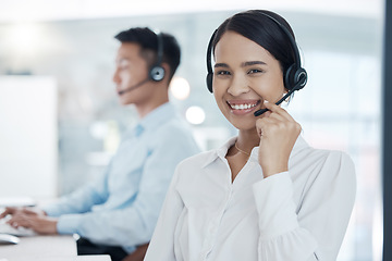 Image showing Woman, call center and smile consultant in office, workspace and with headset for customer conversation. Telemarketing, female worker and working girl talking, discussion or help client in workplace.