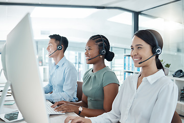 Image showing Call center, telemarketing or customer support consultants working on computer in a modern office. Diversity, crm and happy employees consulting for ecommerce, sales and customer service with tech.