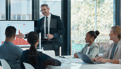 Image showing Meeting, training and planning with a finance CEO, manager or leader and team in the boardroom. Collaboration, workshop and presentation with a business man and staff talking about vision and mission