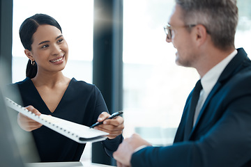 Image showing Business meeting, partnership and giving a contract to sign at office. Black woman with documents, paperwork and pen to businessman for signature. Partner, collaboration and corporate team at work