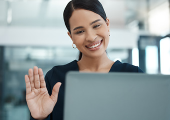 Image showing Woman, smile and online meeting while wave at screen, business webinar and planning startup company. Happy female, girl or conversation for successful job interview, video conference call or training