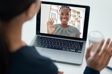 Image showing Laptop, video call screen and women meeting for global networking, collaboration or b2b client communication with hello. Zoom call, webinar or online live streaming people for international planning