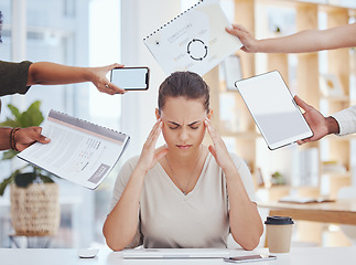 Image showing Stress, headache, and time management of business woman with project document, tablet and a phone call mock up in hands. Burnout corporate worker with KPI report, administration and technology mockup