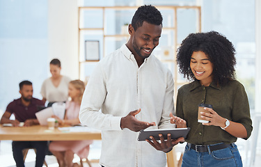 Image showing Productivity, teamwork and business people with tablet for collaboration, communication and online marketing agency planning. Office black people, digital technology and website information strategy