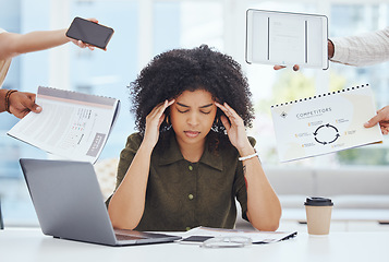 Image showing Woman, stress and burnout in business, office and headache feeling tired, frustrated and overworked. Black woman, depression and mental health with anxiety, depressed and sad working in finance job