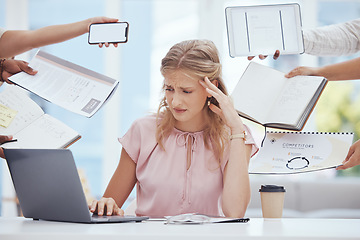 Image showing Businesswoman stress, anxiety and burnout in busy office of poor time management, tax audit and company crisis. Overworked, sad and frustrated worker struggle in challenge, problem and deadline worry