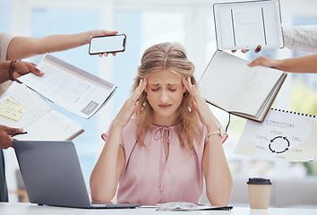 Image showing Stress, burnout and busy woman in the office with headache, tasks and projects from coworkers. Overworked, tired and frustrated from working and multitasking on laptop, documents and email on phone