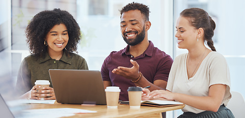 Image showing People in office, teamwork with laptop and meeting planning advertising presentation in London. Web design for business, group diversity collaboration in startup company and ux internet technology