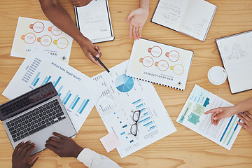 Image showing Planning, marketing and business hands with documents for finance report, seo analytics and chart graph analysis. Team collaboration, strategy meeting and profit, budget and sticky note idea planner