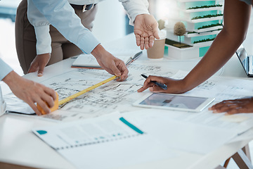 Image showing Blueprint, construction and architect team planning in meeting, drawing on paper and collaboration for building project. Hands working in architecture with strategy on document and tablet in office