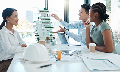 Image showing Model, construction and architects planning a building project together in an office at work. Creative, corporate and architecture workers talking about a design with a 3d structure in a meeting