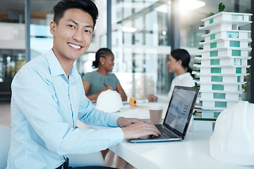 Image showing Architect, man with laptop and architecture business, planning strategy and engineering data. Young Asian working, diversity and design model, corporate conference room and smile in portrait.