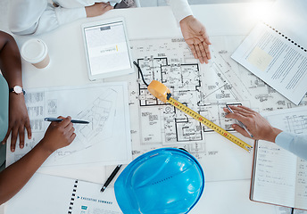 Image showing Architecture hands, blueprint design and property planning, engineering model and construction company. Above creative team, building floor plan sketch and drawing development for industrial project